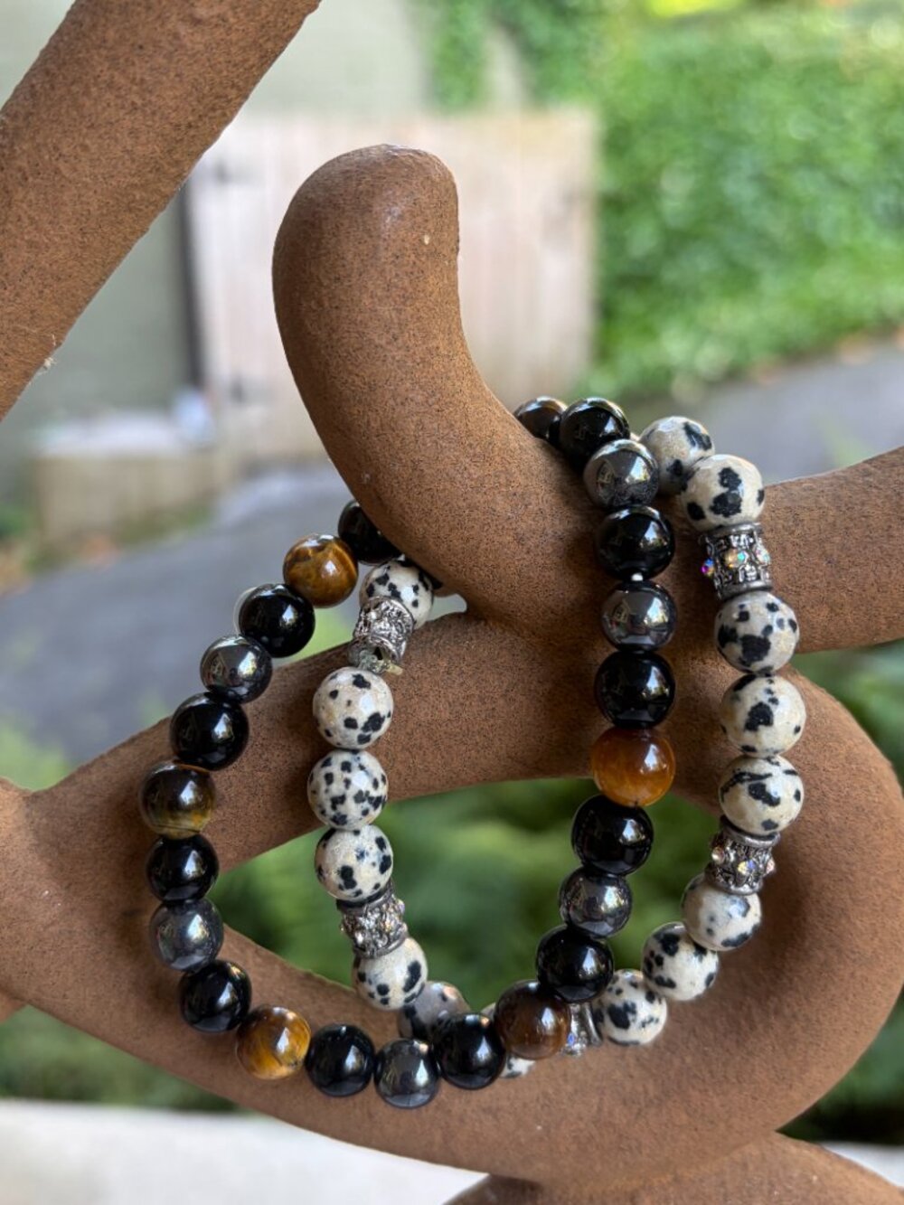 Dalmatian Jasper and black onyx beaded bracelets Silver toned spacer accents 40g